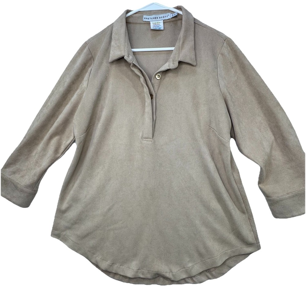 Gretchen Scott Goddess Faux Suede 3/4 Sleeve Popover Collared Shirt Large Preppy